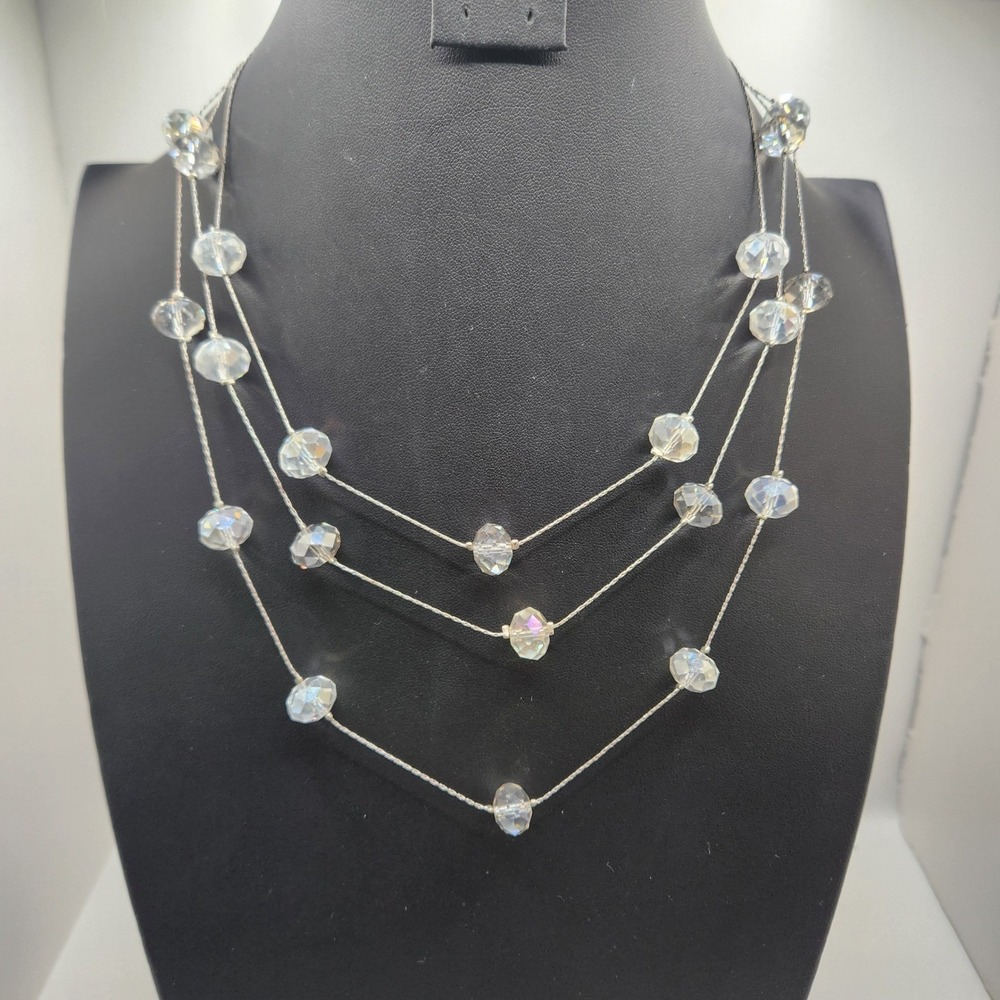 Vintage Faceted AB Glass Necklace 3 Layered Iridescent Elegant Minimalist